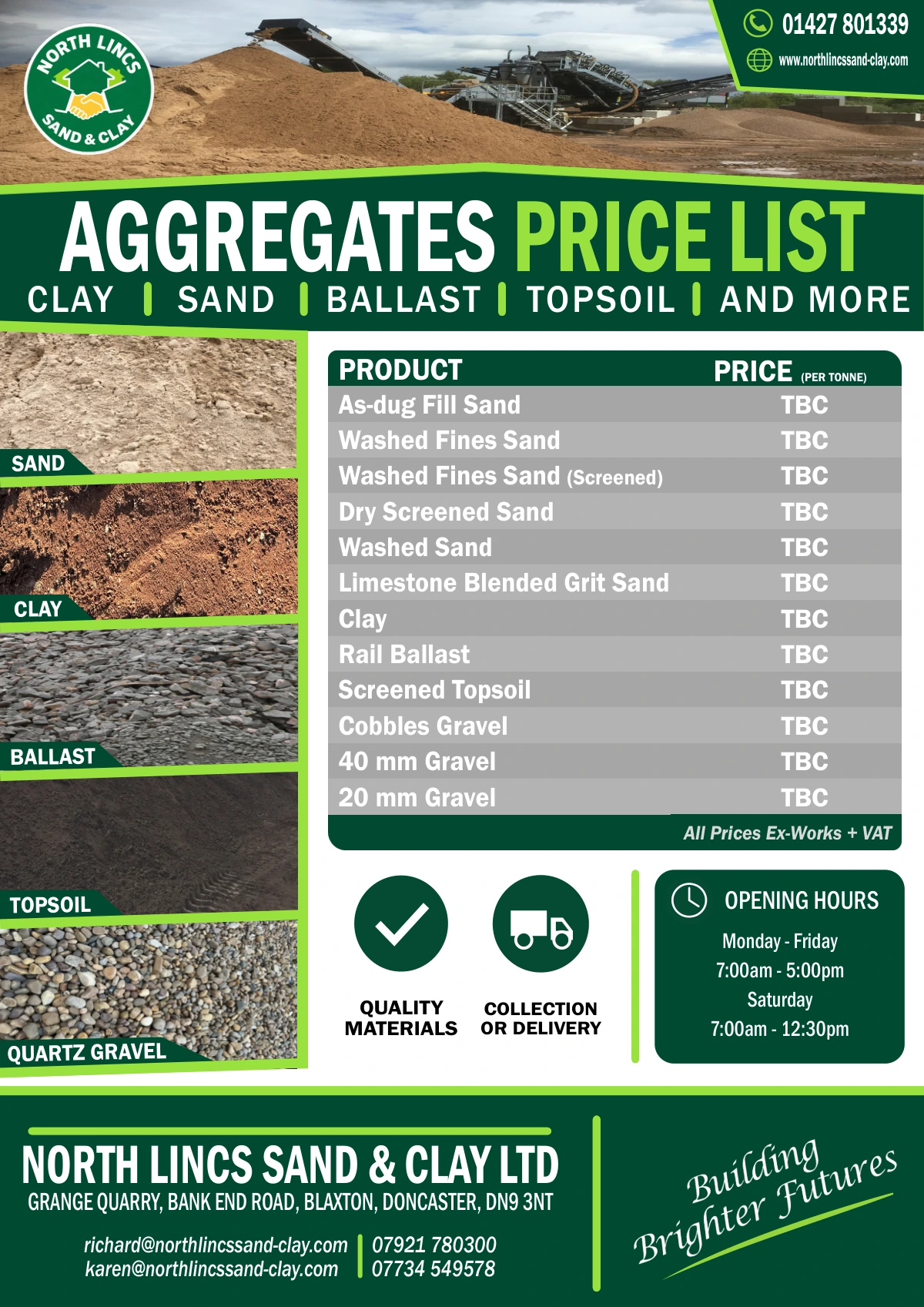 North Lincs Sand and Clay flyer. All aggregate prices are TBC. Opening hours and contact details are included. A text version follows for screen readers.